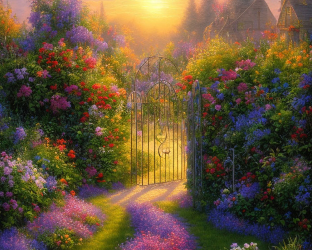 Tranquil garden scene with wrought-iron gate and vibrant flowers at sunrise