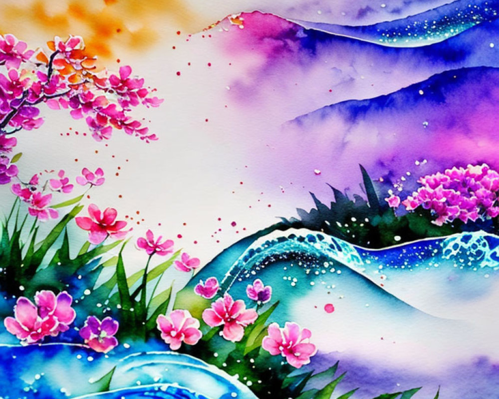 Colorful watercolor painting of pink blossoms on blue hills with red and purple splashes