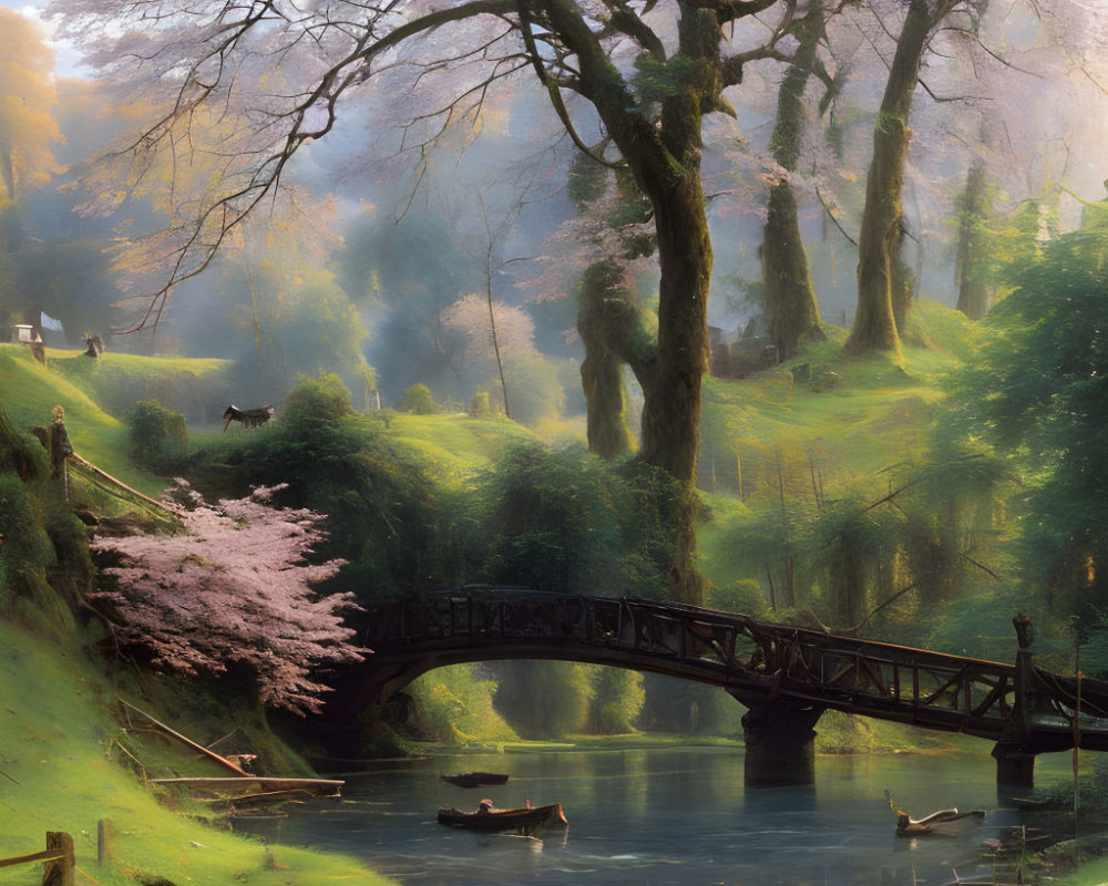 Tranquil landscape with wooden bridge, river, blossoming trees, hills, and fisherman