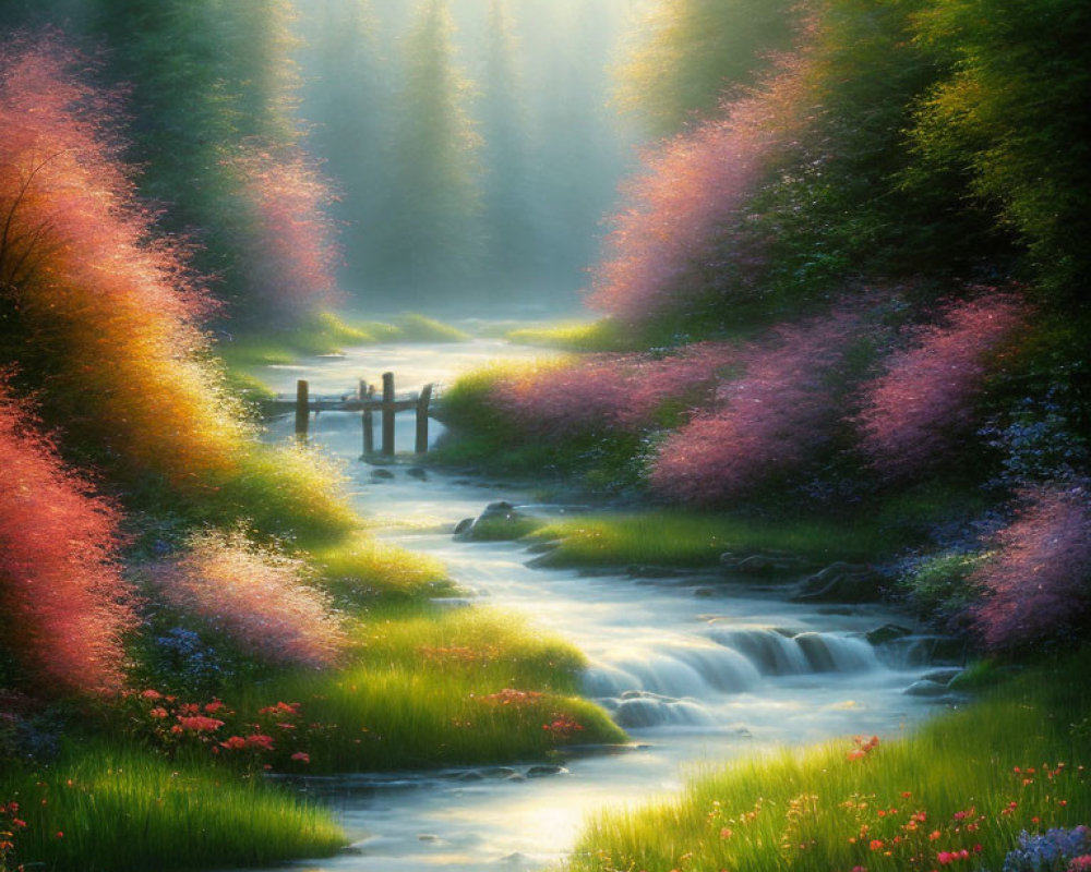 Tranquil stream in vibrant forest with sunlight and colorful flowers