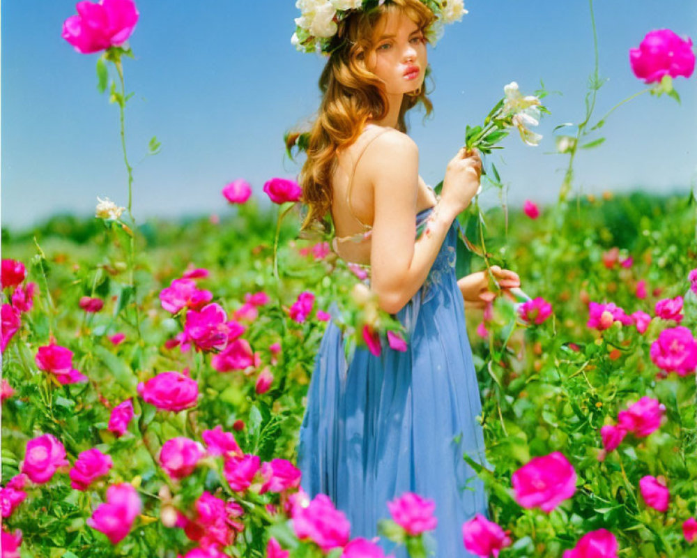 Woman in Blue Dress Surrounded by Pink Roses