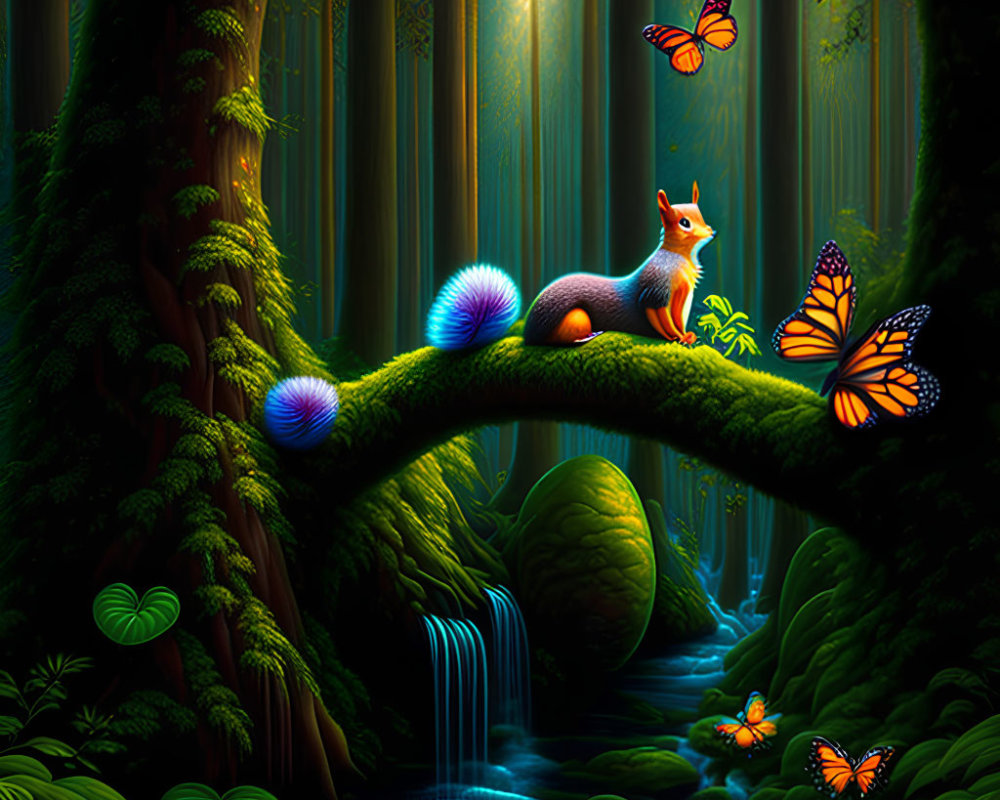 Lush forest with fox, butterflies, and waterfall