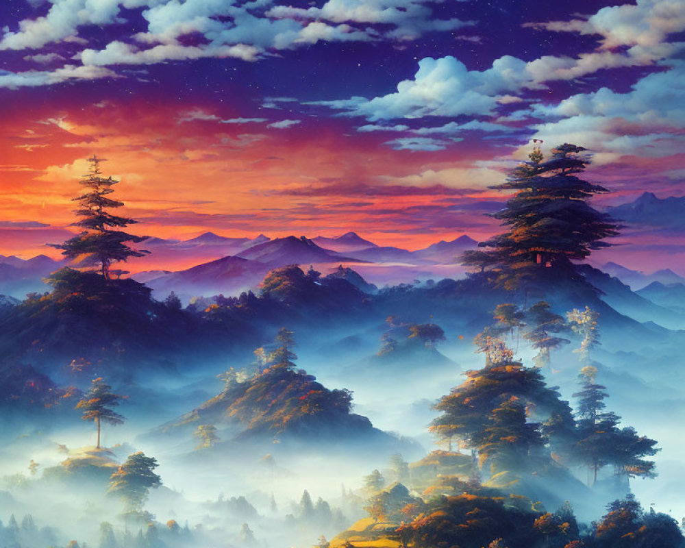 Scenic sunset landscape with misty mountains and evergreen forests