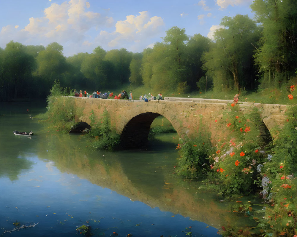 Tranquil river scene with stone bridge, people, vibrant flowers, and rowboat