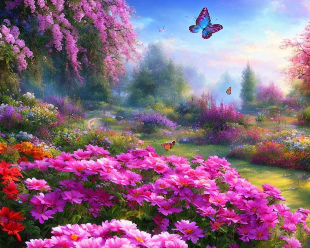 Lush garden with pink flowers, butterflies, misty trees - sunny backdrop