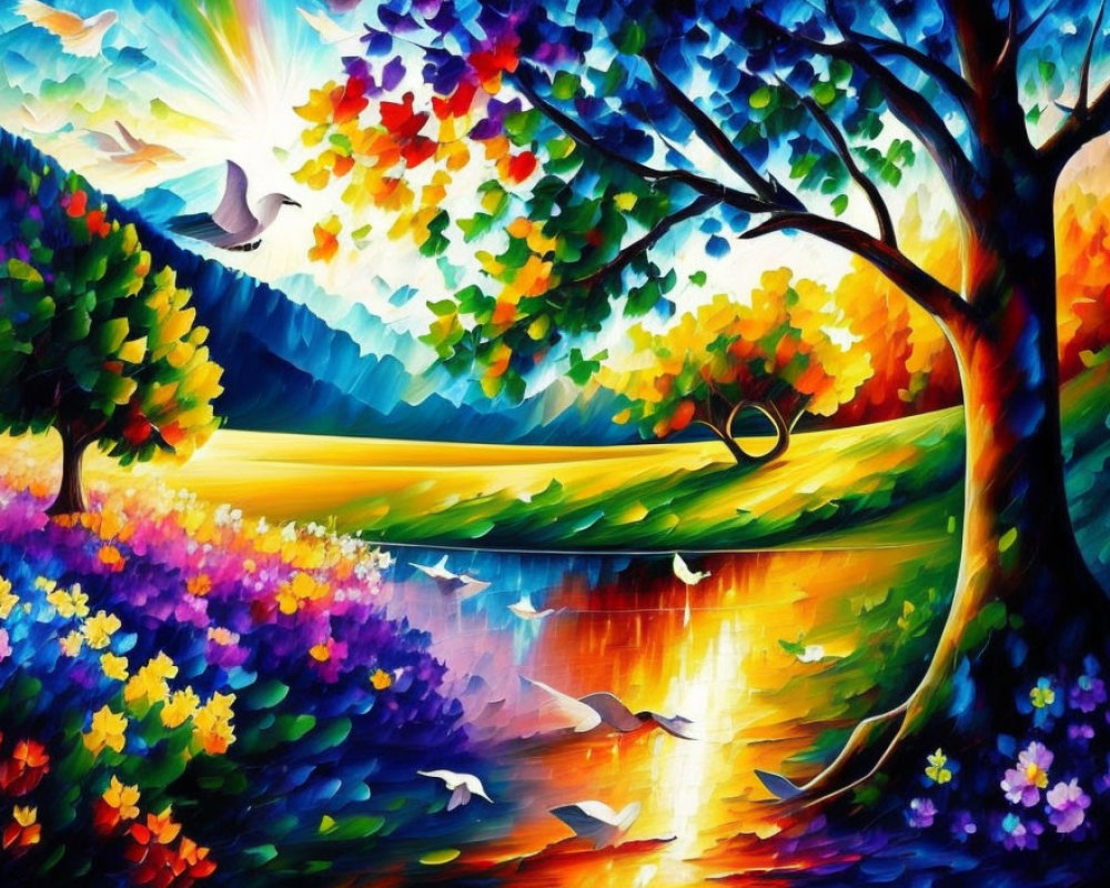 Serene landscape painting with trees, flowers, birds, and river