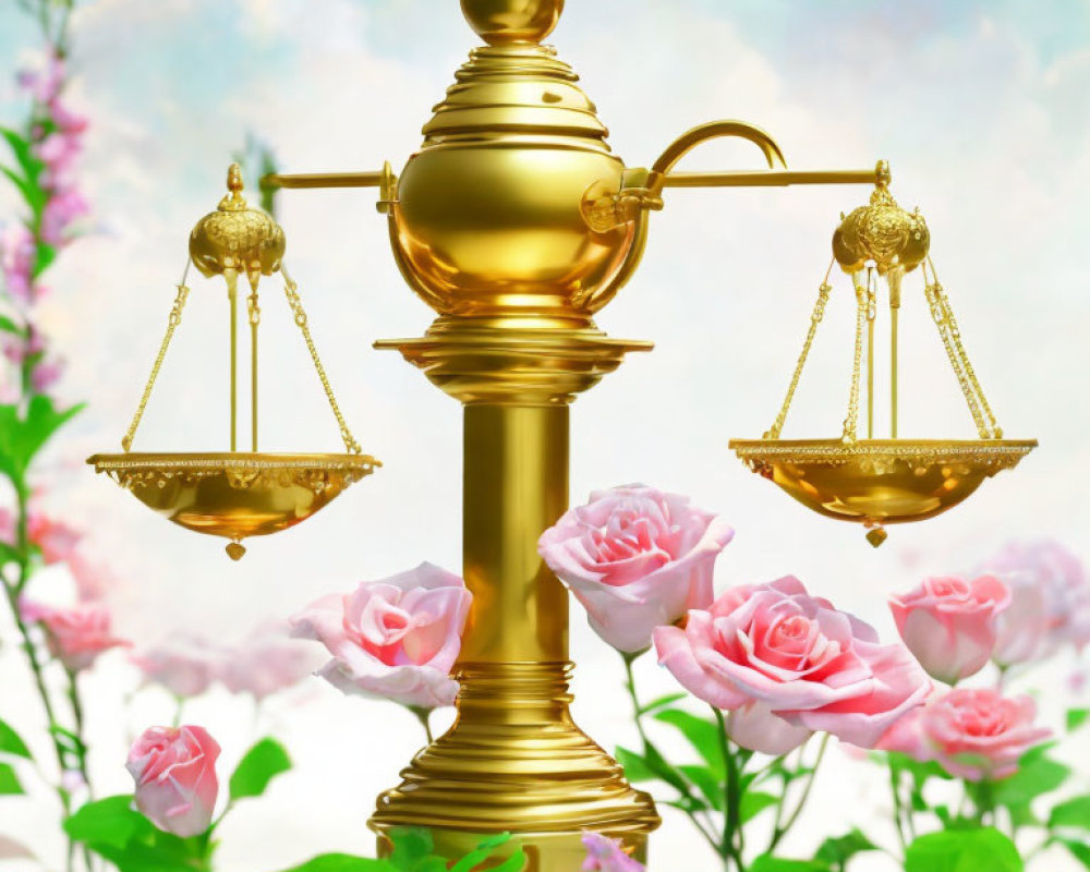 Golden balance scale with pink roses and cloudy sky