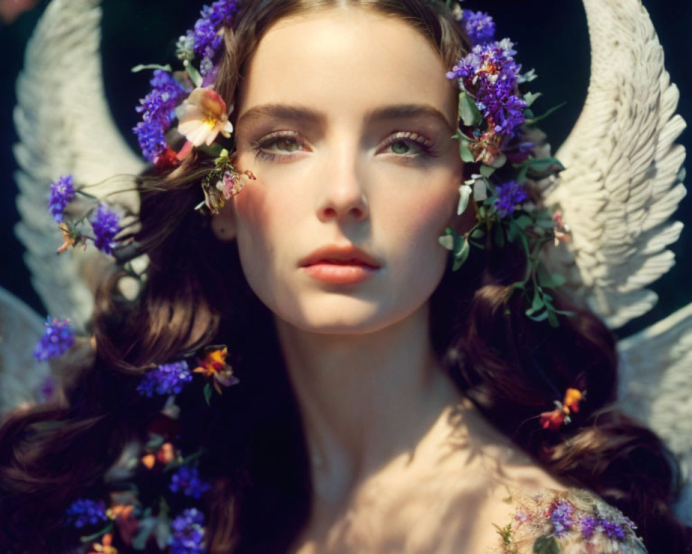 Angel-winged woman adorned with purple flower crown in serene setting