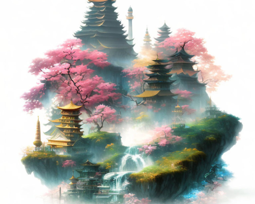 Floating island with pagodas, pink trees, waterfalls & mist.