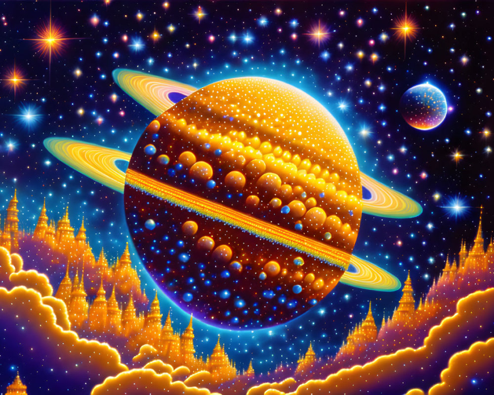 Illustration of vibrant space scene with ringed planet and celestial bodies