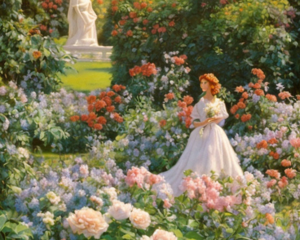 Red-haired woman in white dress surrounded by blooming roses and greenery with white statue