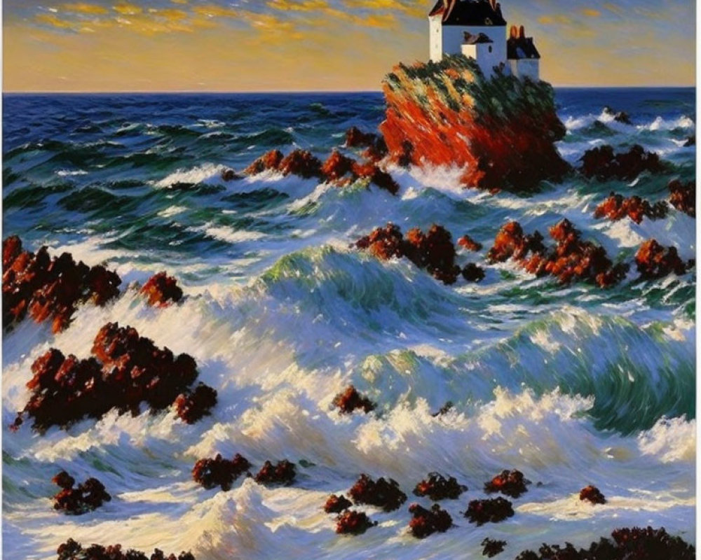 Lighthouse painting on rocky outcrop amid turbulent sea waves at sunset