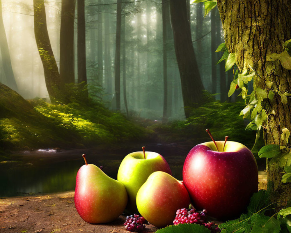 Tranquil forest landscape with fruit collection by stream