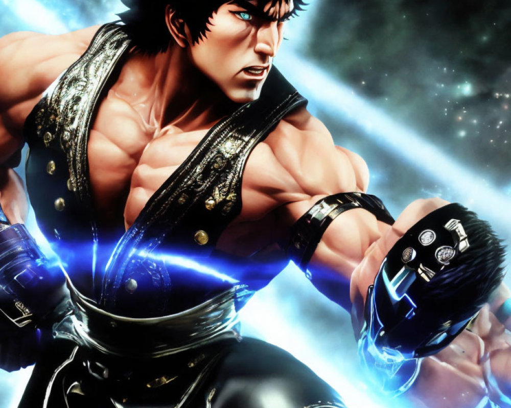 Muscular anime character with black spiky hair, wearing sleeveless outfit, using blue energy attack