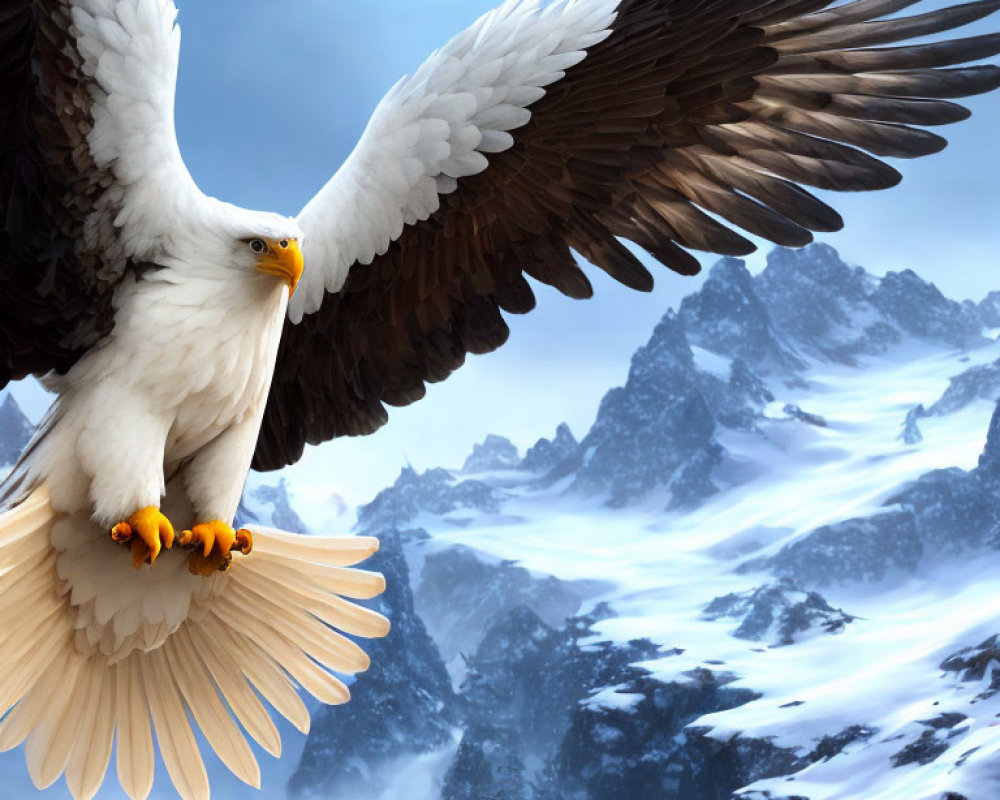 Bald Eagle Soaring Over Snowy Mountains