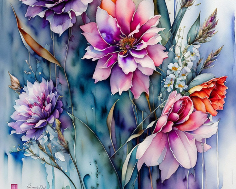 Colorful Watercolor Painting of Purple, Pink, Orange Flowers