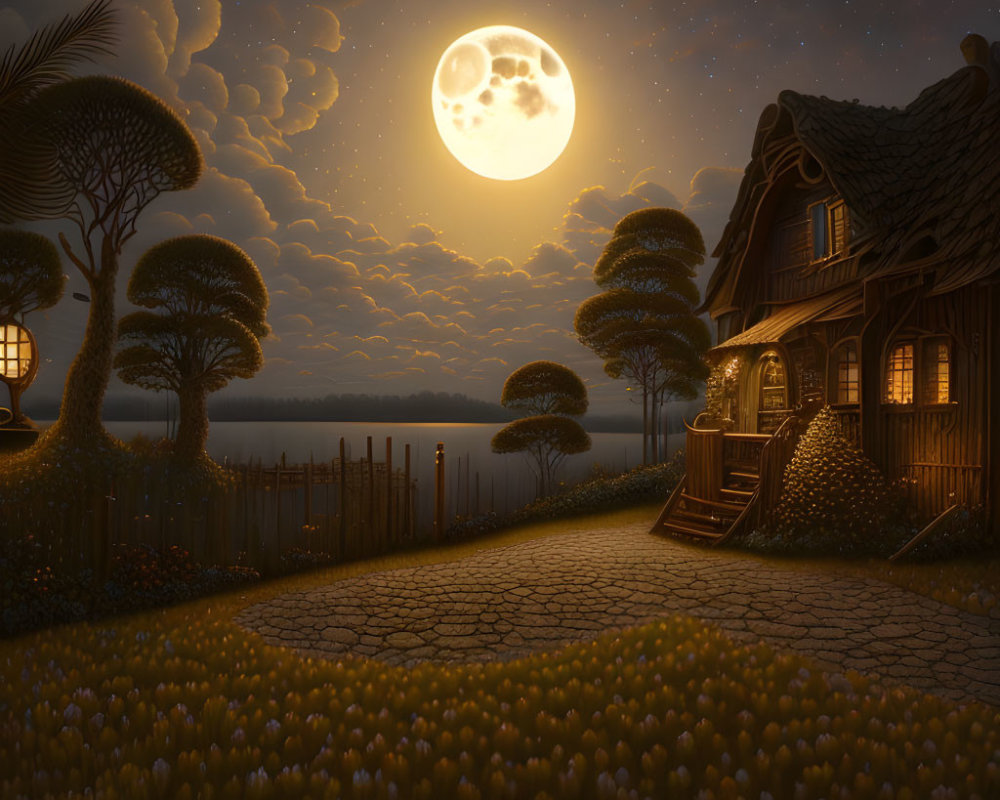 Tranquil full moon night scene with house by lake