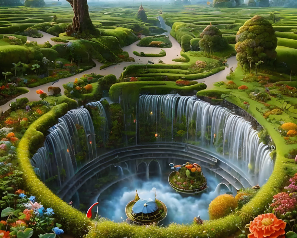 Lush green mazes, colorful flora, circular waterfalls in a fantastical garden