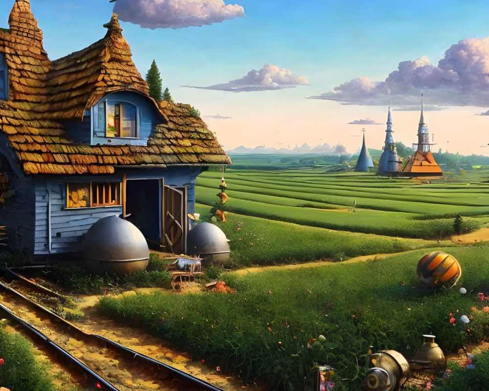 Charming countryside scene with cottage, pumpkin, fields, railway, and windmills