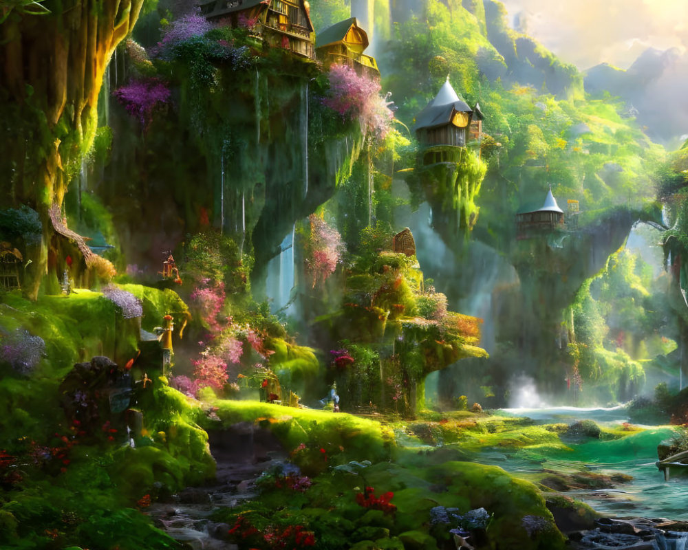 Mystical forest scene with waterfalls, lush greenery, colorful flowers, and whimsical tree