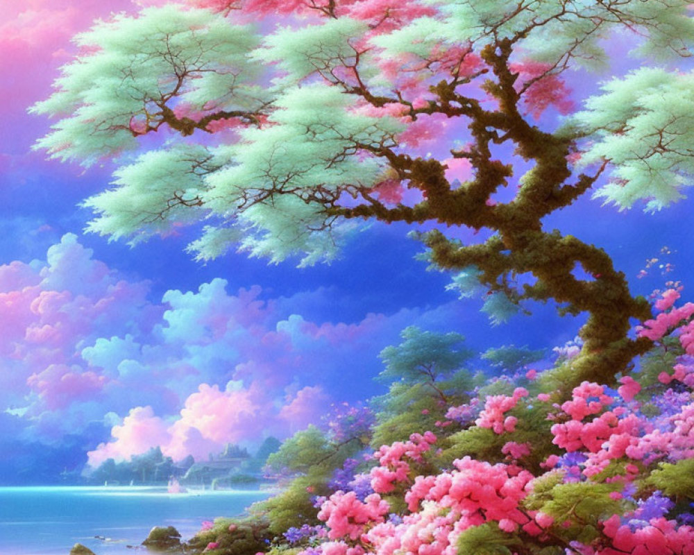 Colorful Fantasy Landscape with Pink and Turquoise Tree by Serene Lake