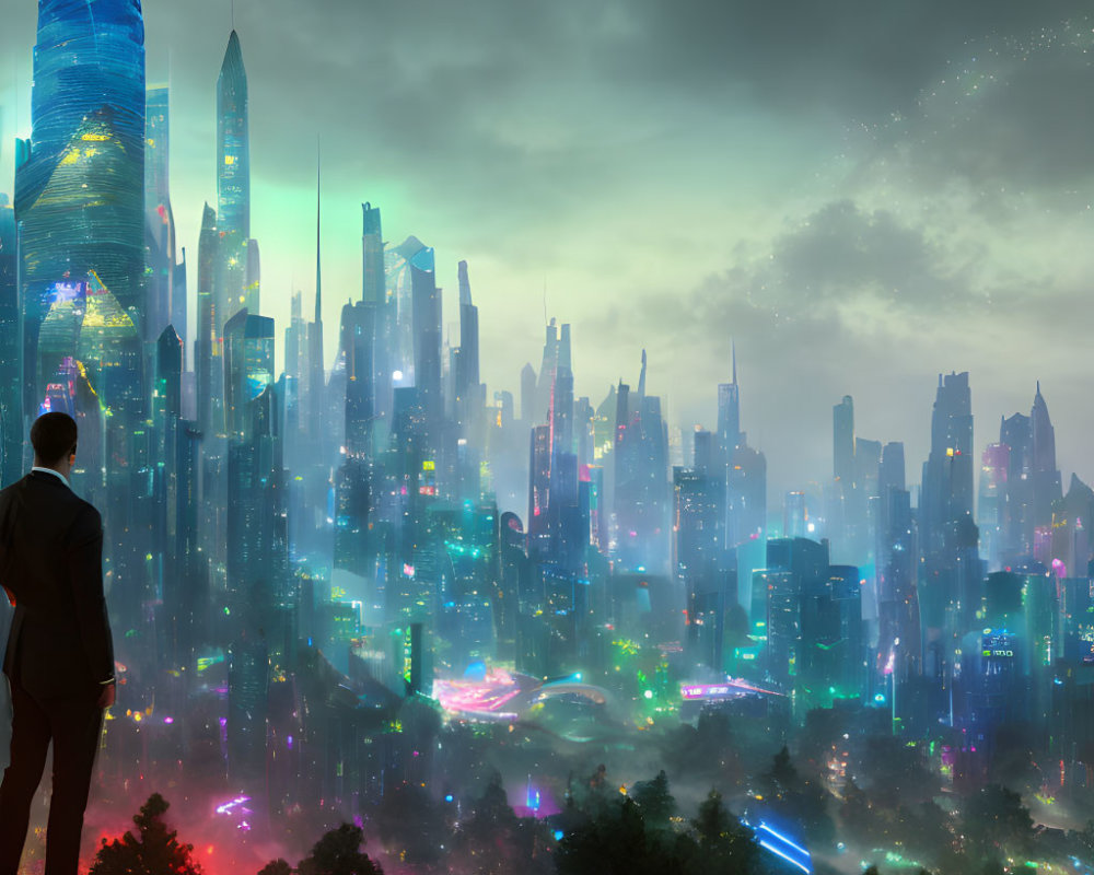 Futuristic cityscape with neon lights and flying vehicles at dusk