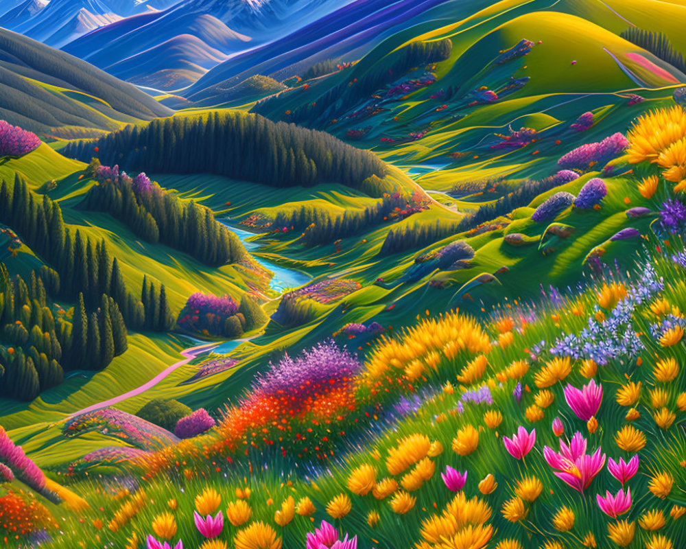 Colorful landscape with green hills, flowers, river, and snowy mountains