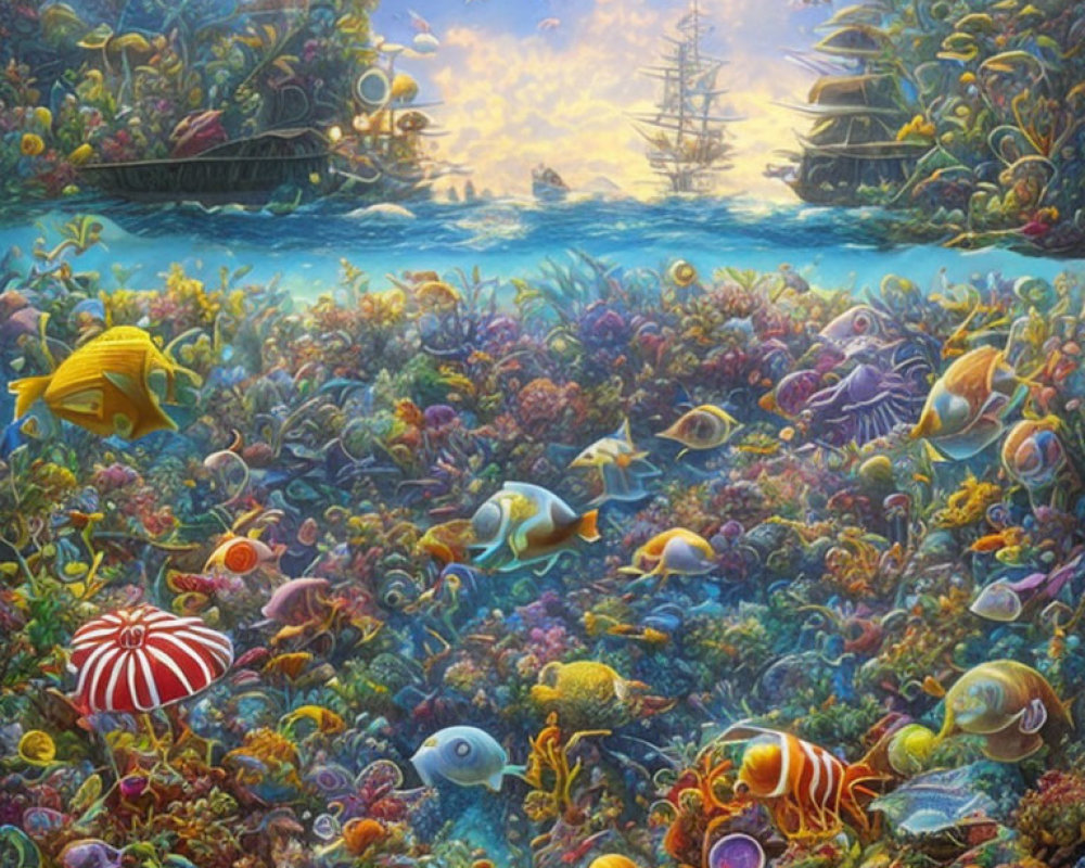 Colorful Fish, Coral Reefs, Shipwreck & Sunlight in Underwater Scene