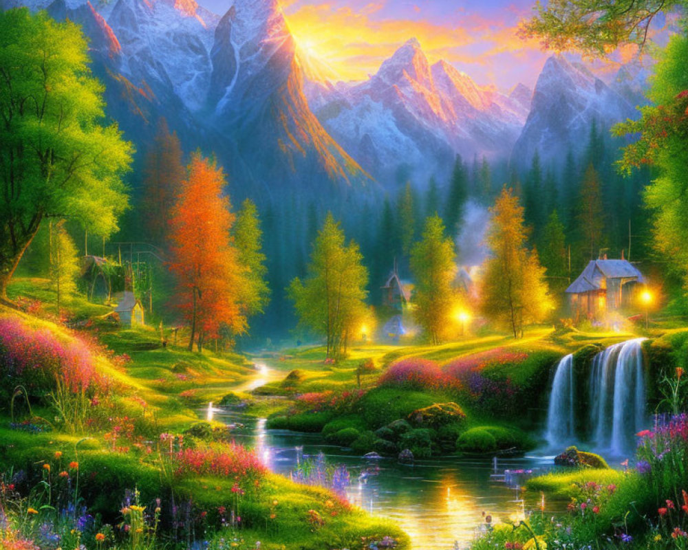 Scenic landscape with mountains, river, waterfalls, autumn trees, and cottage