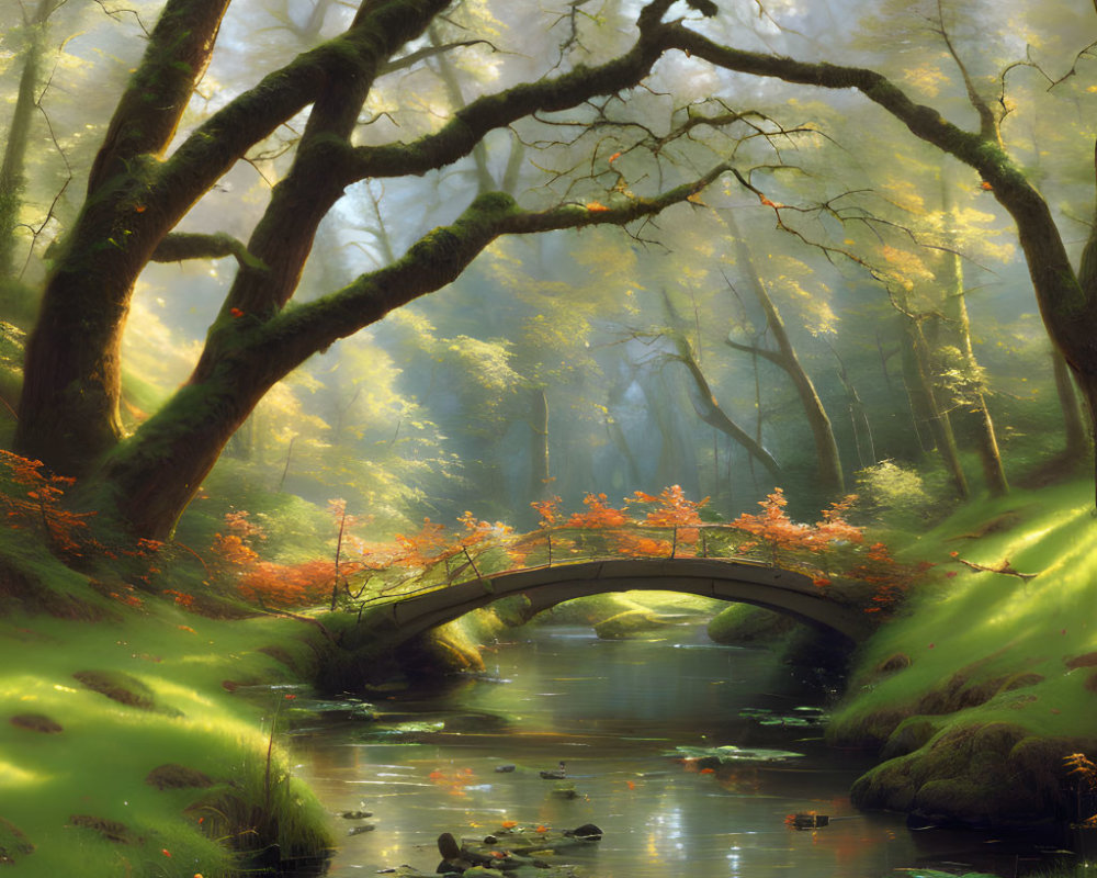 Tranquil woodland scene with stone bridge and misty sunlight