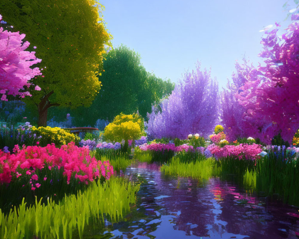 Colorful Blossoms Reflecting in Tranquil Pond Amid Lush Garden