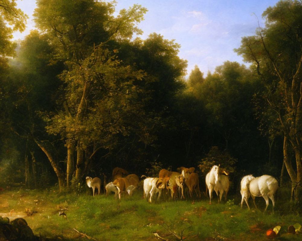 Pastoral landscape painting: cows grazing under soft sunlight