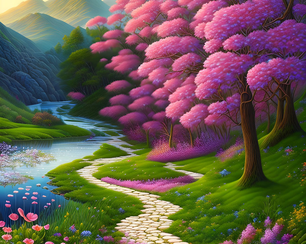 Colorful Landscape with Stone Path, Stream, Pink Trees, Green Hills, Flowers