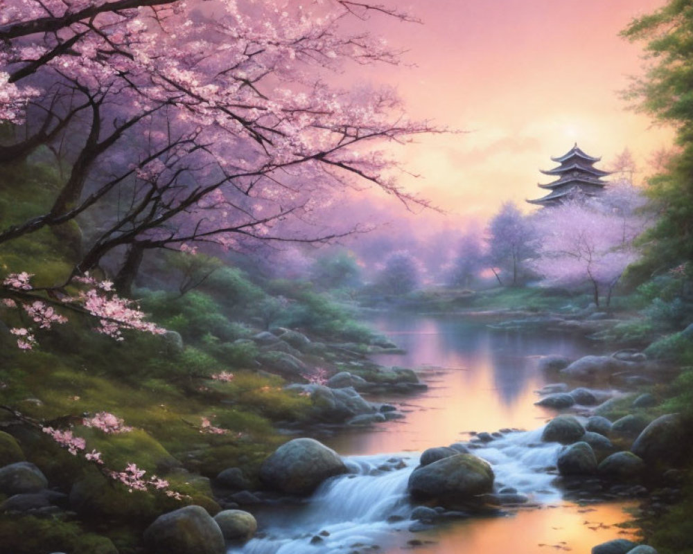 Cherry blossom stream with Asian pagoda in misty forest