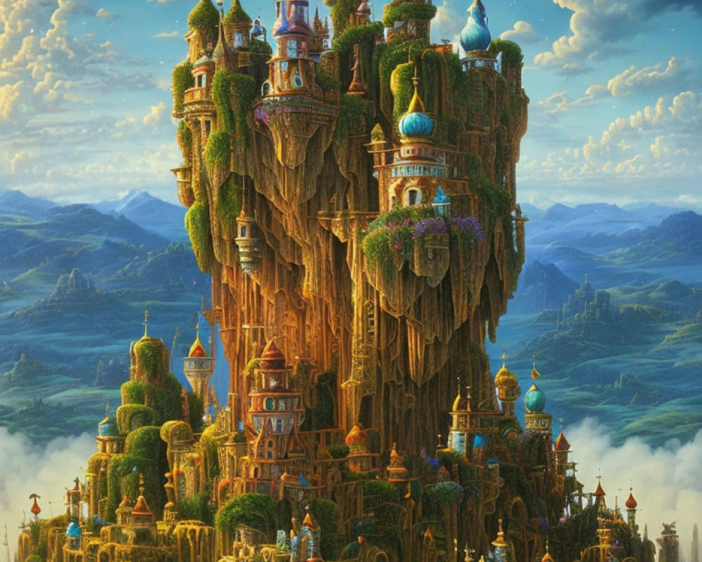 Colorful Castles on Towering Cliff Amidst Floating Islands