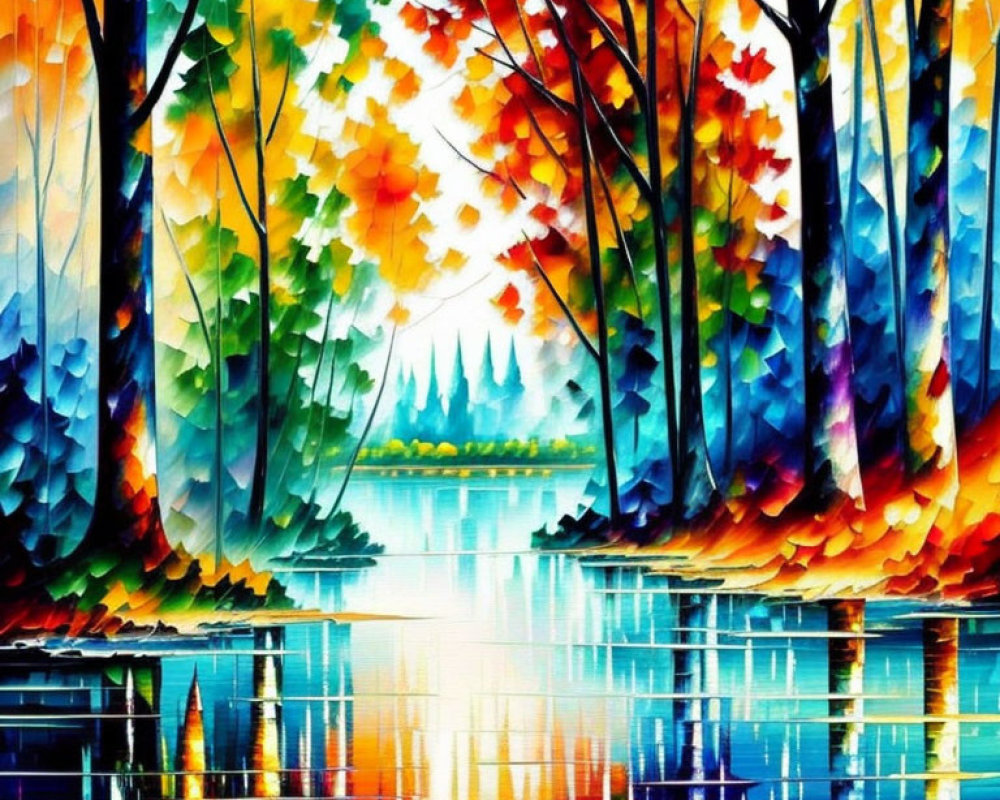 Colorful Autumn Forest Reflection in Serene Lake Painting