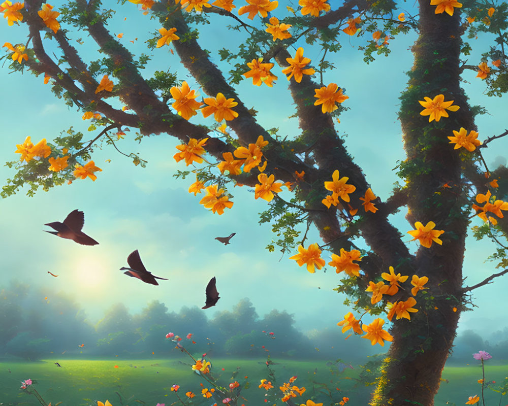 Vibrant orange flowers on lush tree with birds and sunlit meadow