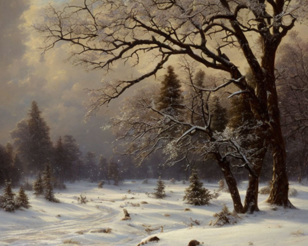 Snow-covered Winter Landscape with Frosty Trees and Evergreens