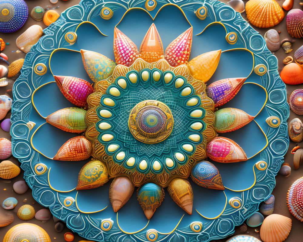 Colorful Seashell Mandala Pattern on Neutral Background