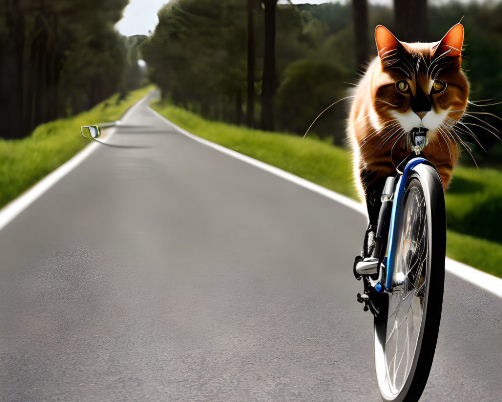 Cat with Sunglasses Riding Bicycle on Tree-Lined Road