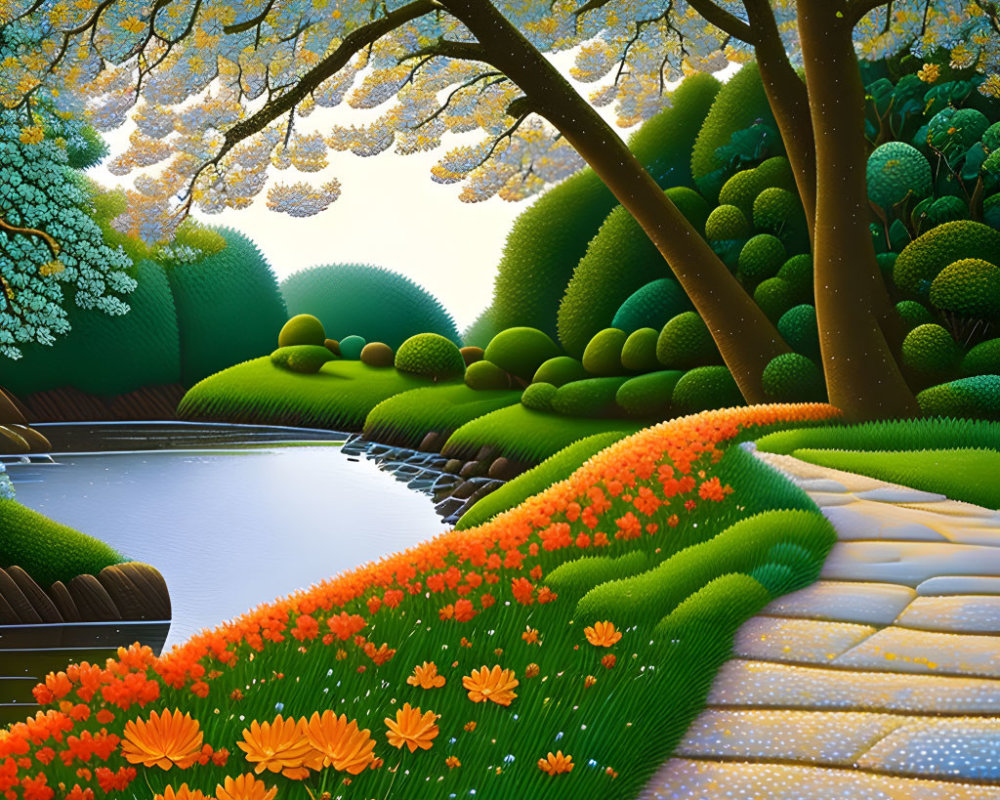 Colorful Garden Illustration with Path, Pond, and Lush Trees