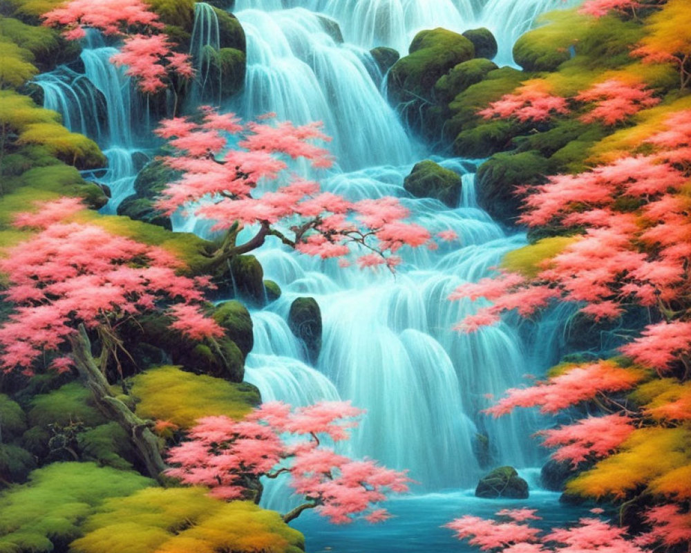 Tranquil forest scene with lush waterfall and cherry blossom trees