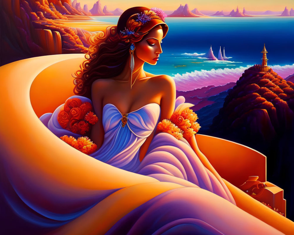 Illustration of woman in elegant gown by sea with sailboats, cliffs, and castle at sunset