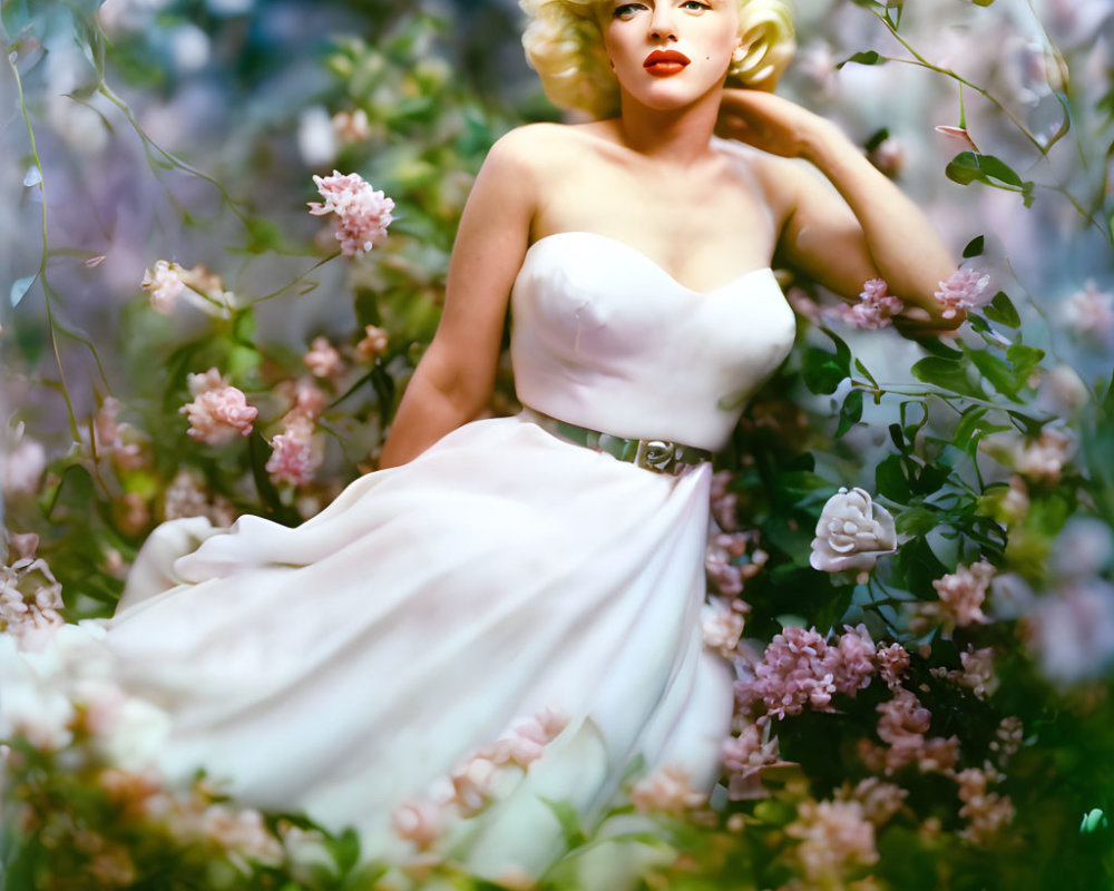 Blonde woman in white strapless gown among blooming flowers