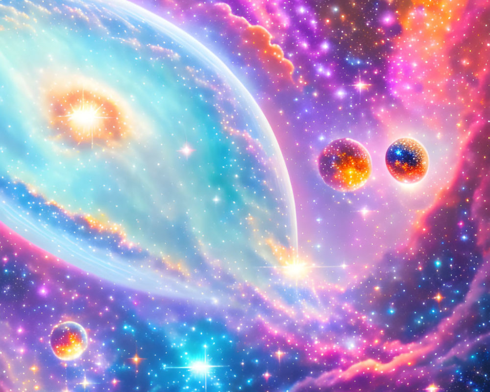 Colorful Space Artwork Featuring Planet, Stars, and Nebulae