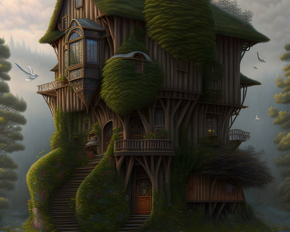 Enchanting multi-story fantasy treehouse in lush green ivy