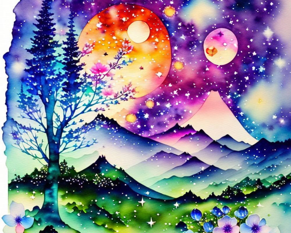 Colorful Watercolor Painting of Whimsical Landscape