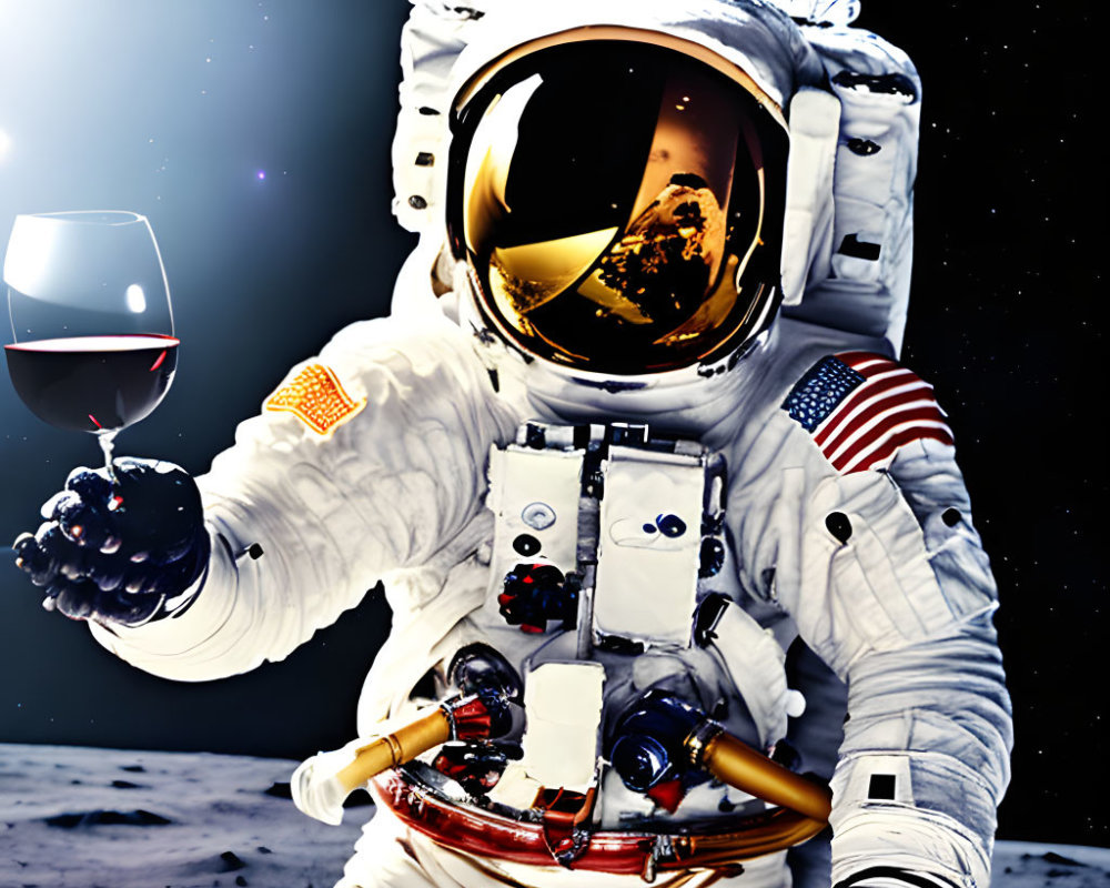 Astronaut in white space suit with American flag holding wine and grapes on lunar surface