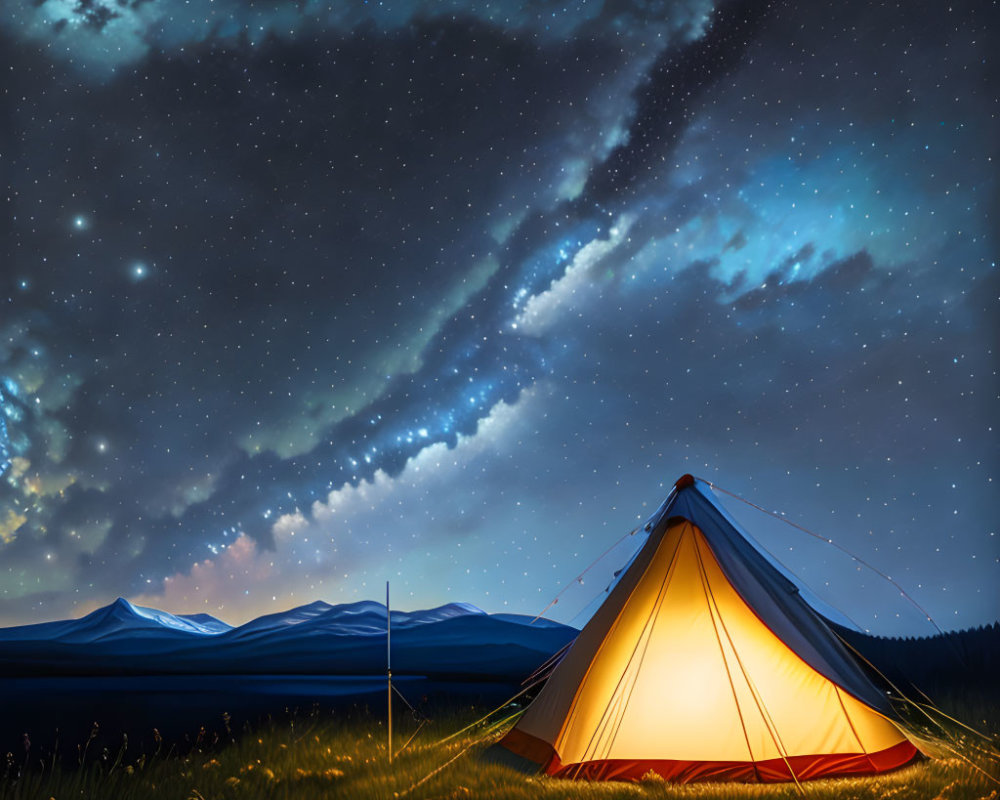 Starry sky over glowing tent in tranquil meadow