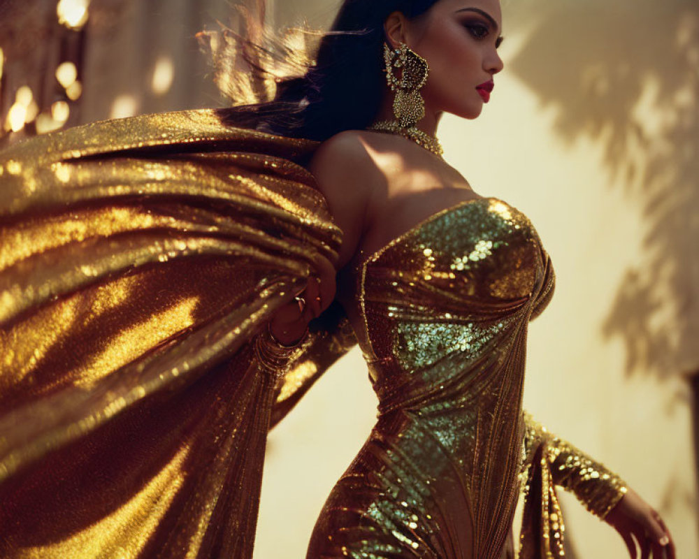 Shimmering gold dress with dramatic sleeves in elegant pose